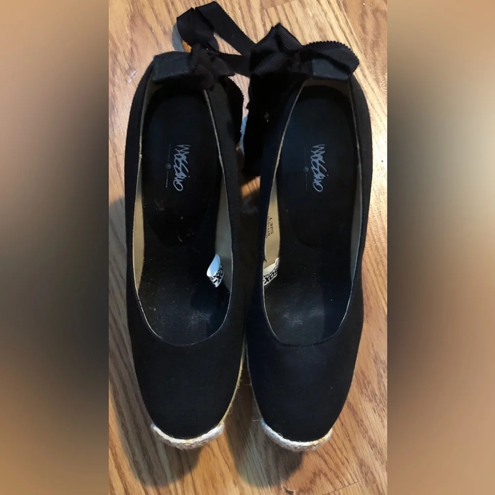 Mossimo Black Espadrille Shoes 4” inch Platform Straw Heel & Tie Accent Size 7